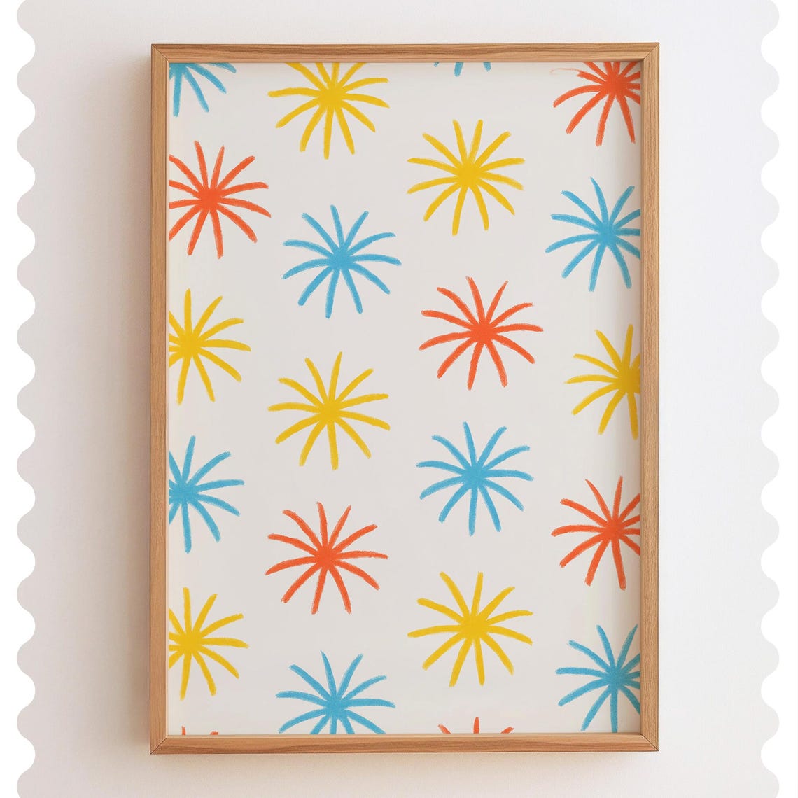 Colorful Starburst Fireworks Pattern Red Yellow Blue Festive Wall Art