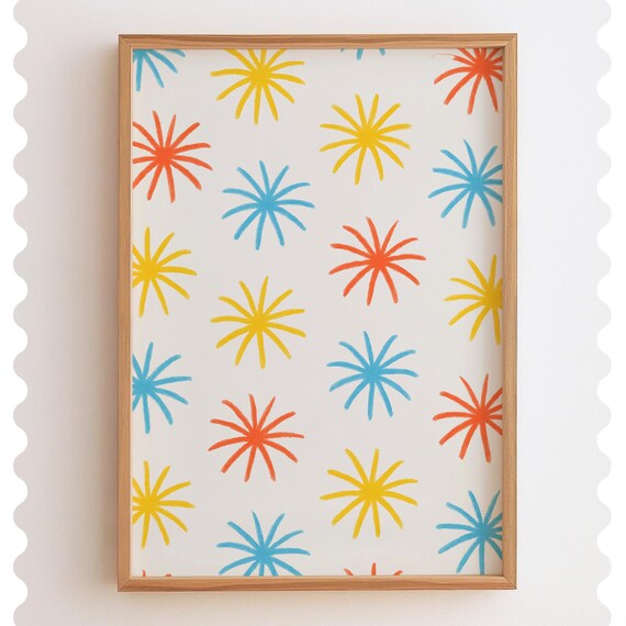 Colorful Starburst Fireworks Pattern Red Yellow Blue Festive Wall Art