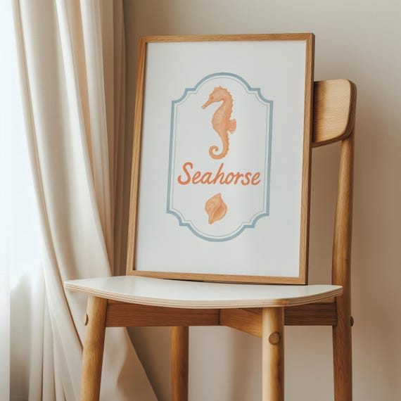 Seahorse Wall Art Coastal Nursery Decor Peach With Ornate Label Ocean Print