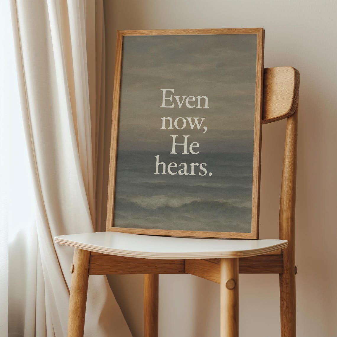 Even Now He Hears White Serif Text Over Moody Ocean Waves Wall Art