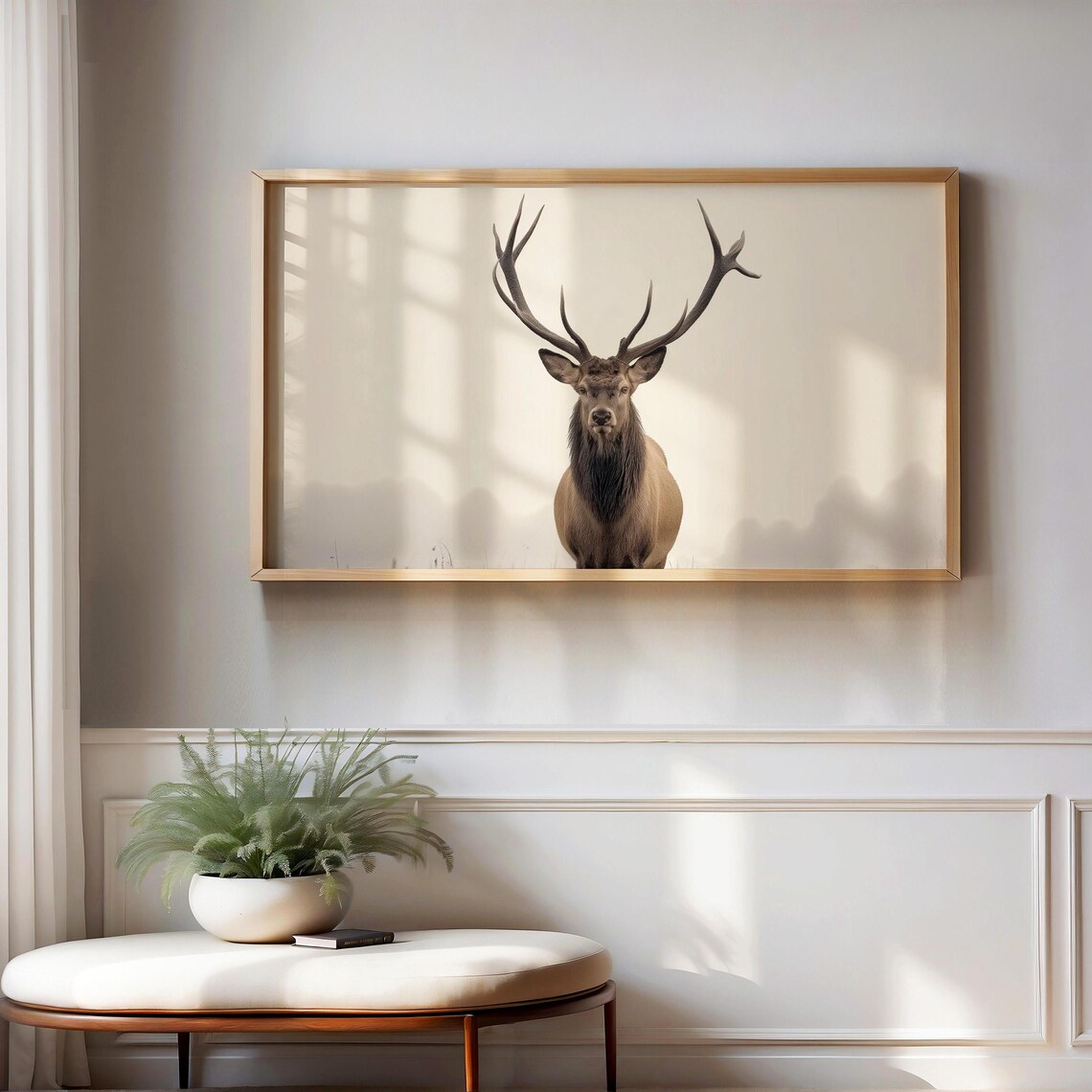 Majestic Elk Stag With Large Antlers Minimalist Cream Art Poster