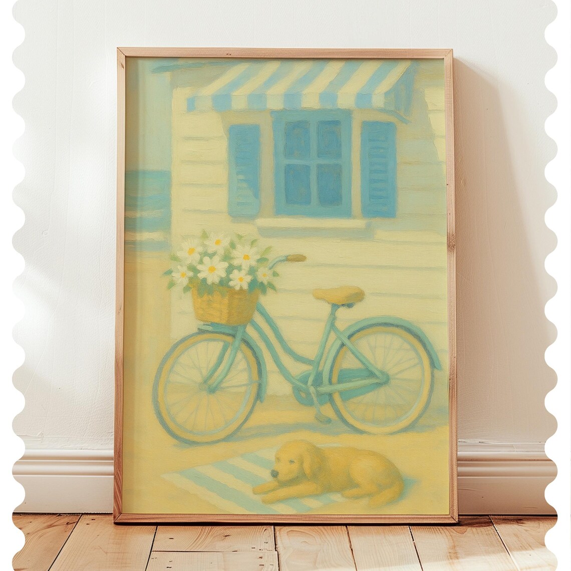 Golden Retriever Beach Cottage Bicycle Daisy Basket Coastal Art Poster