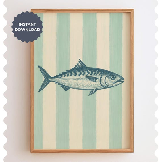 Vintage Fish Print Green Coastal Stripes Nautical Wall Art