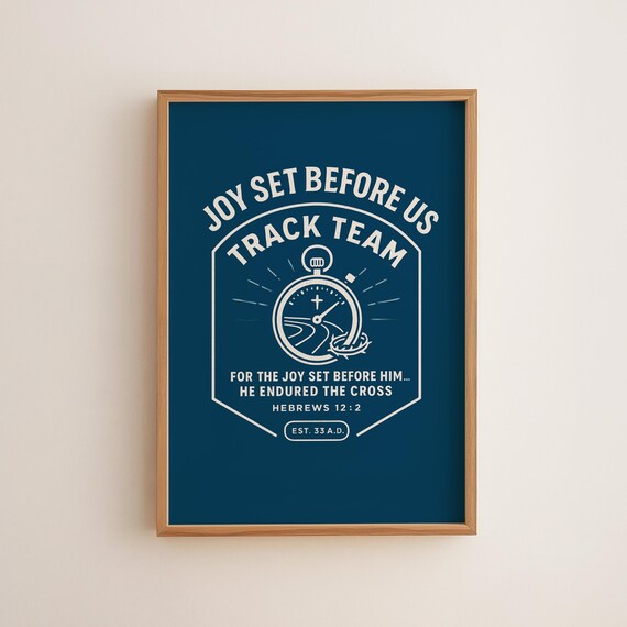 Joy Set Before Us Hebrews 122 Print Blue Christian Track Team Wall Art Bible Verse Poster For Runners Scripture