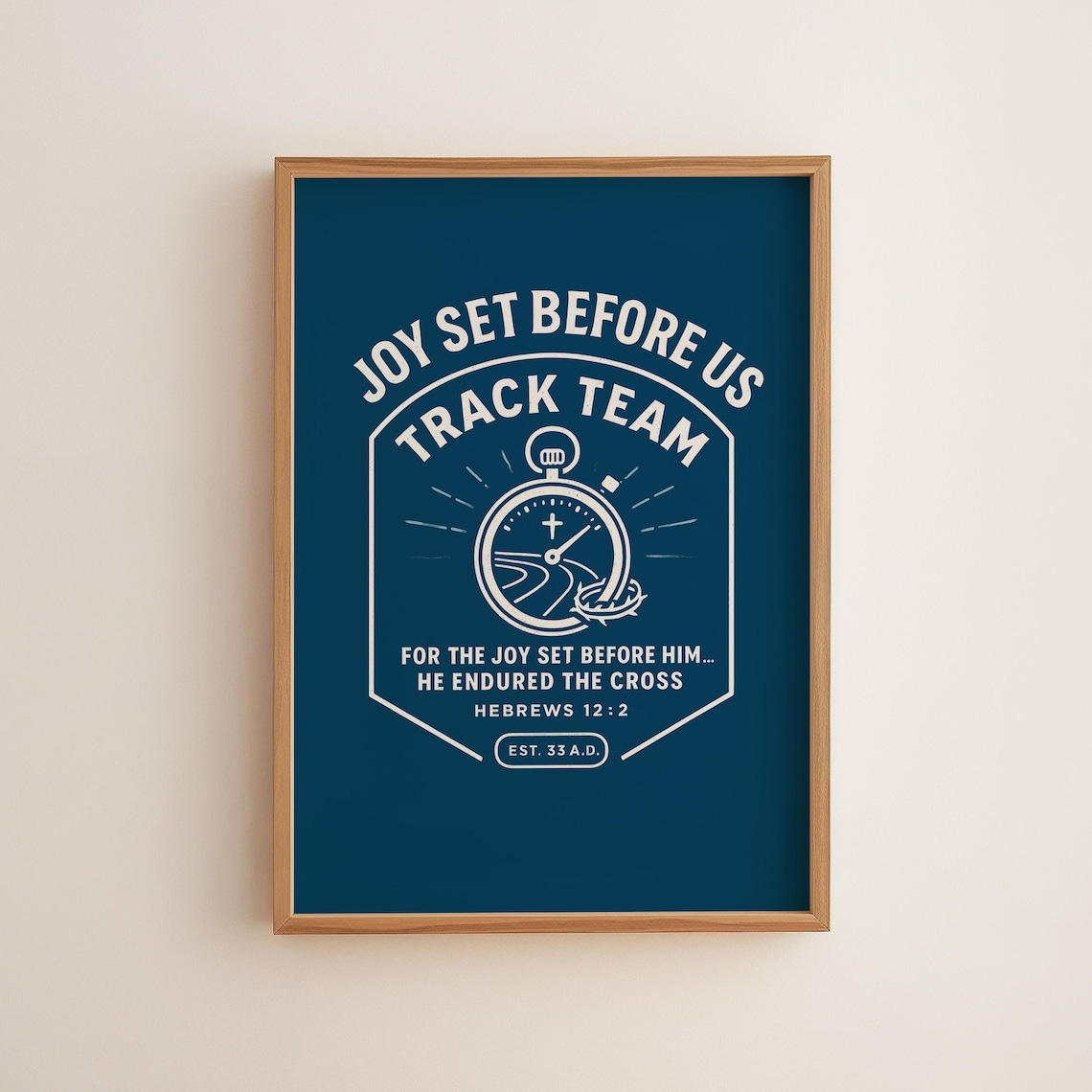 Joy Set Before Us Hebrews 122 Print Blue Christian Track Team Wall Art Bible Verse Poster For Runners Scripture
