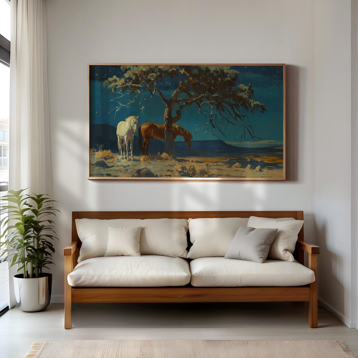 Two Horses Under Moonlit Tree Desert Night Western Painting Poster
