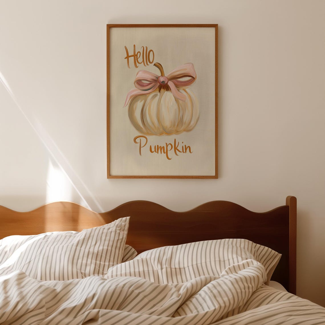 Hello Pumpkin White Pumpkin With Pink Bow Autumn Farmhouse Wall Art
