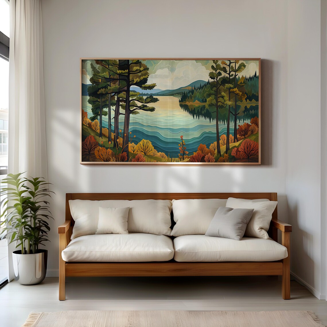Mountain Lake Landscape Painting Pine Trees Autumn Colors Poster