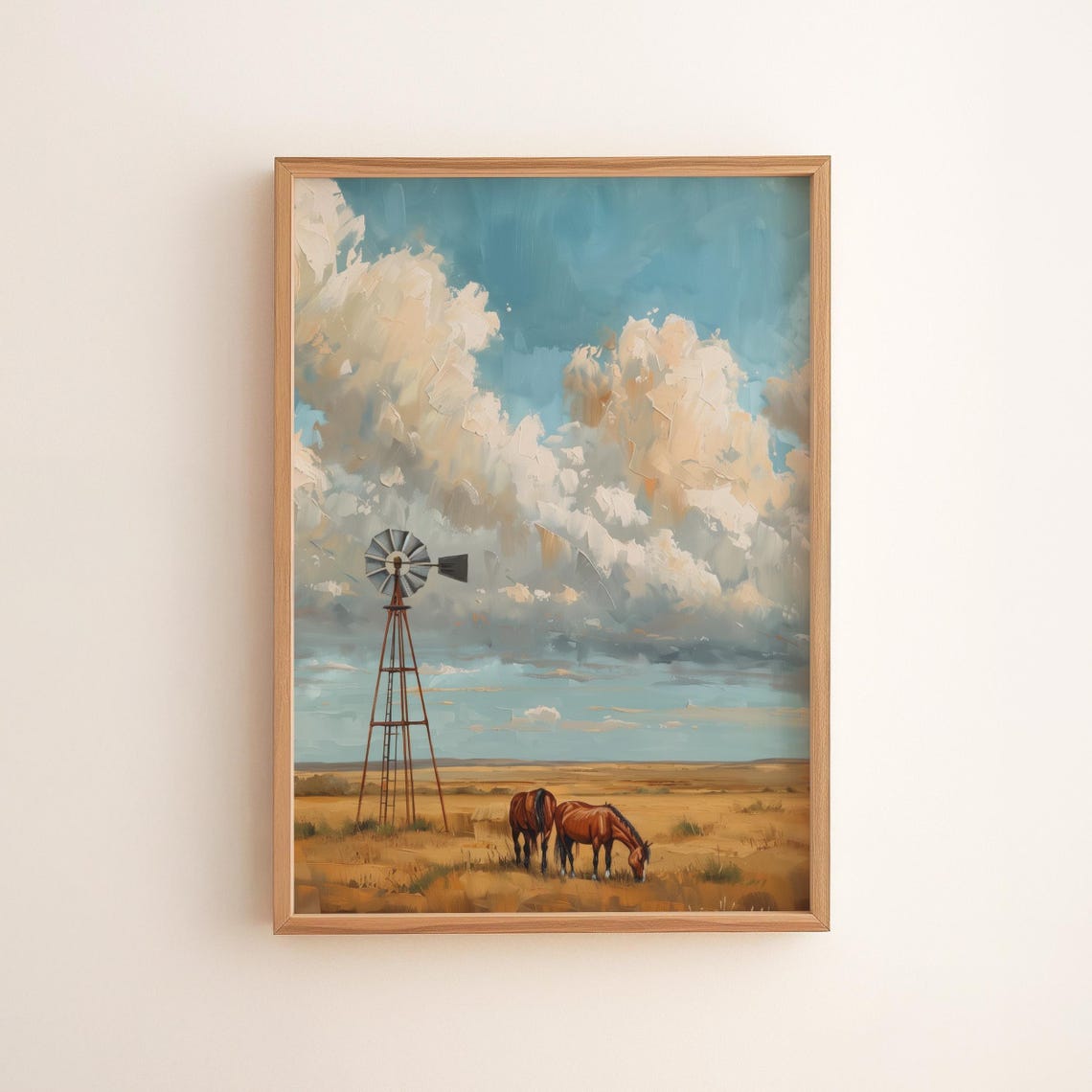 Horses Grazing Windmill Golden Prairie Western Painting Poster