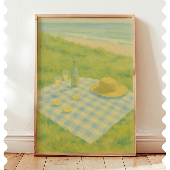 Beach Picnic Blue Gingham Blanket Wine Glasses Summer Poster