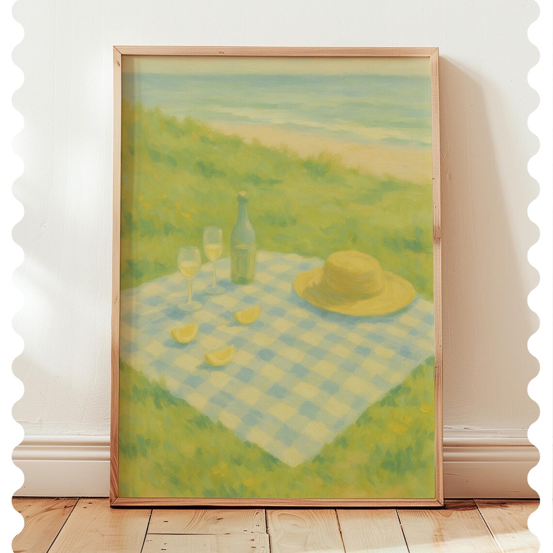Beach Picnic Blue Gingham Blanket Wine Glasses Summer Poster