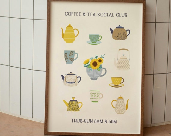 Coffee And Tea Social Club Poster Kitchen Prints Housewarming Gift Coffee Tea Print Breakfast Poster Coffee Lover Print Tea Print