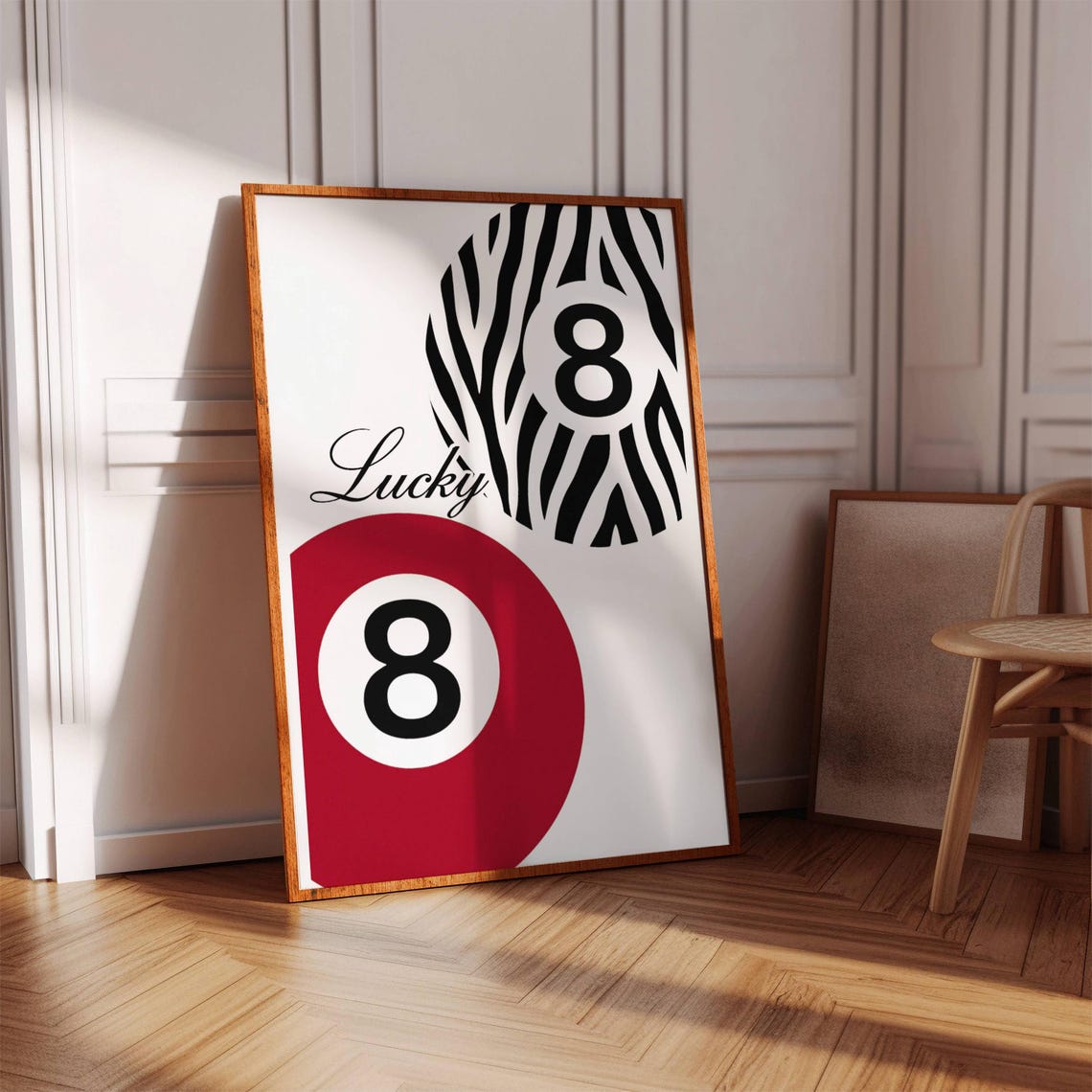 Lucky Eight Zebra and Red Eight Ball Retro Casino Style Poster