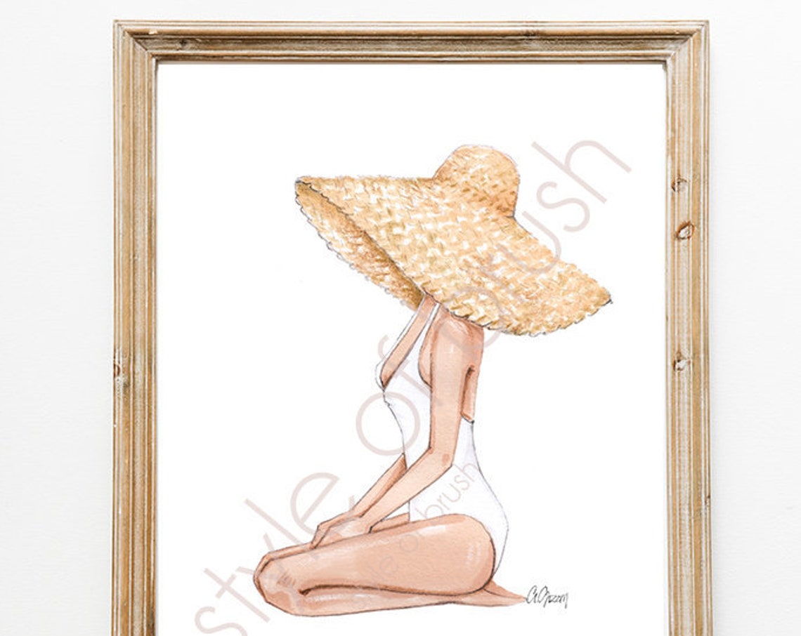 White Swimsuit and Oversized Straw Hat Beach Girl Watercolor Poster