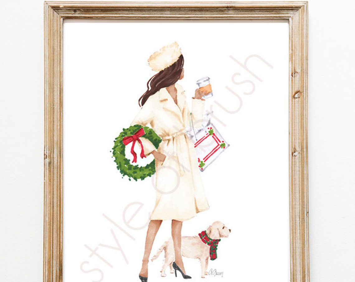 Christmas Wreath Shopping Woman with Puppy Watercolor Poster