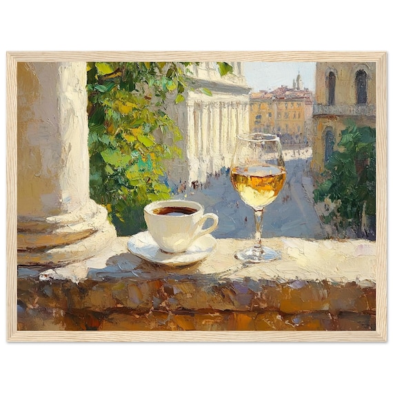Italian Coffee Wine Oil Painting Print, Rome Balcony View