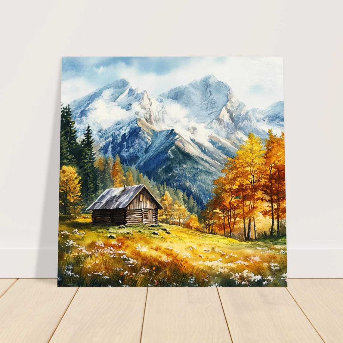 Rustic Mountain Cabin Watercolor Autumn Alps Log Home Snow Peak Poster - Image 2