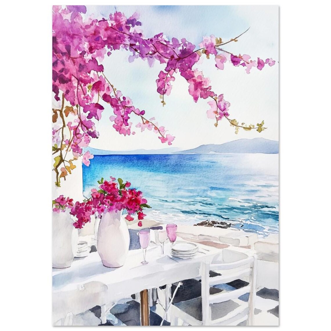 Greek Island Seaside Terrace With Bougainvillea Watercolor Poster - Image 3