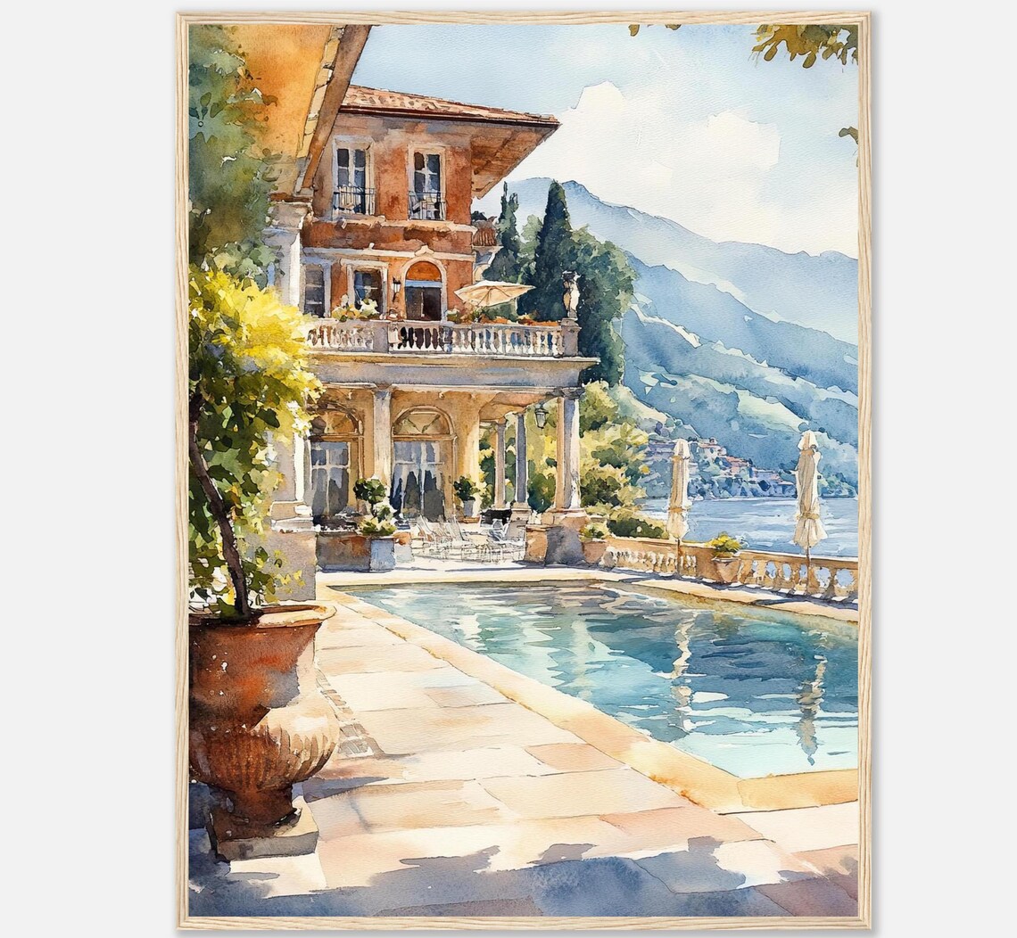 Lake Como Luxury Villa Pool Summer Watercolor Italy Travel Poster