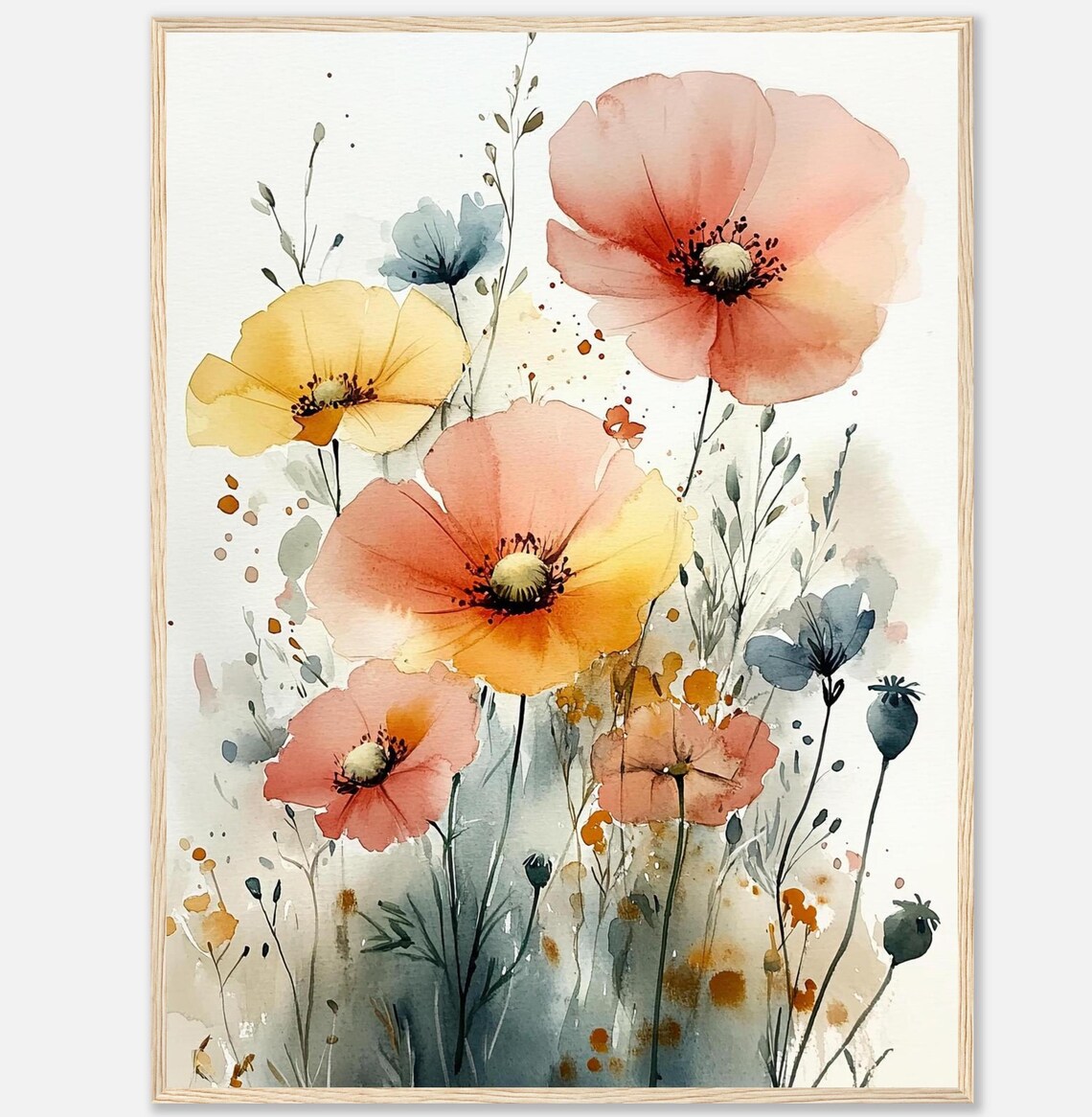 Soft Poppy Watercolor Peach Wildflower Meadow Floral Art Print
