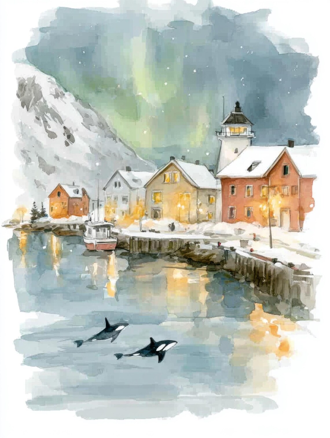 Snowy Fishing Village Orca Watercolor Northern Lights Winter Poster