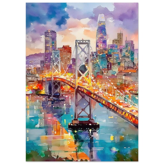 San Francisco Bay Bridge Dusk Skyline Night Watercolor Poster