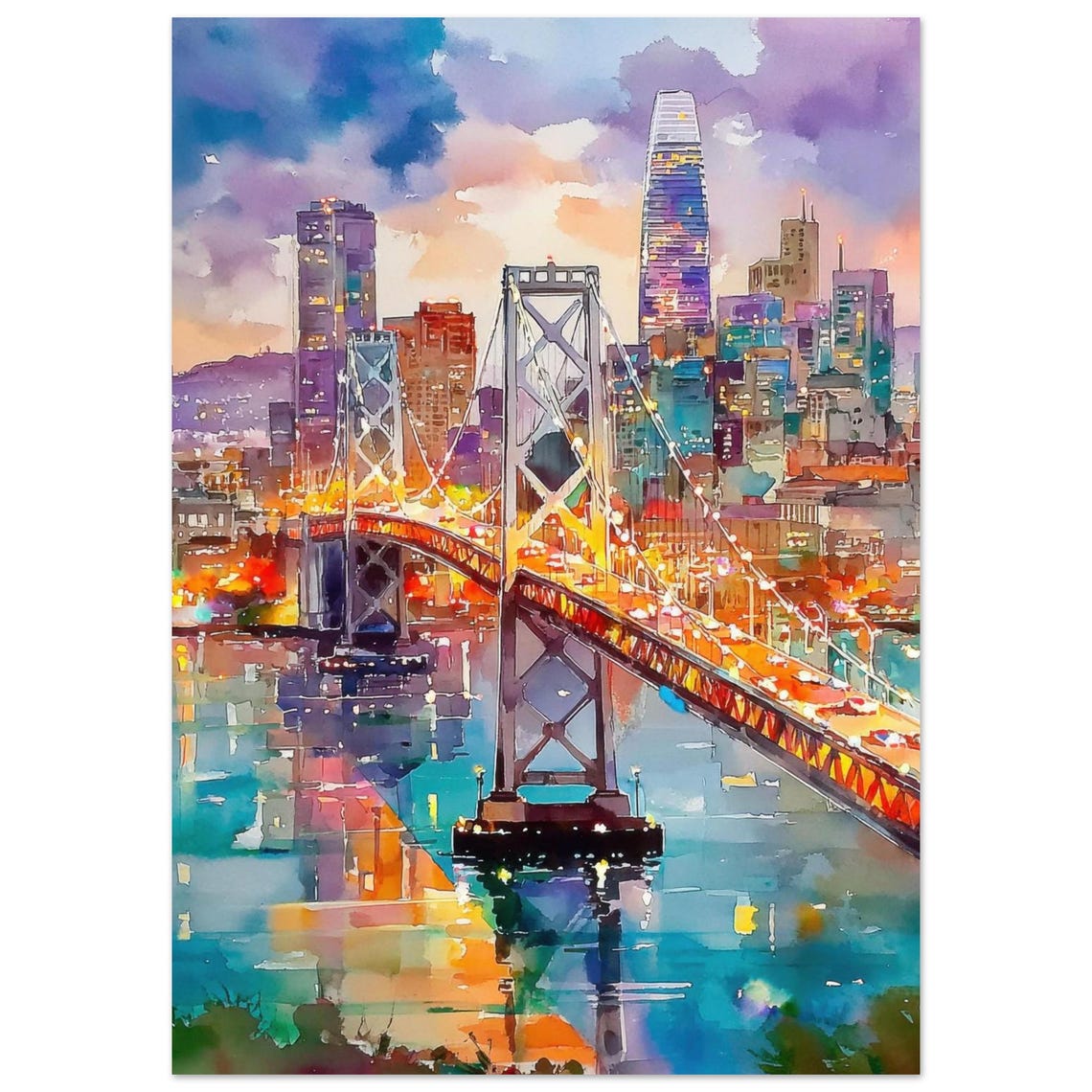 San Francisco Bay Bridge Dusk Skyline Night Watercolor Poster