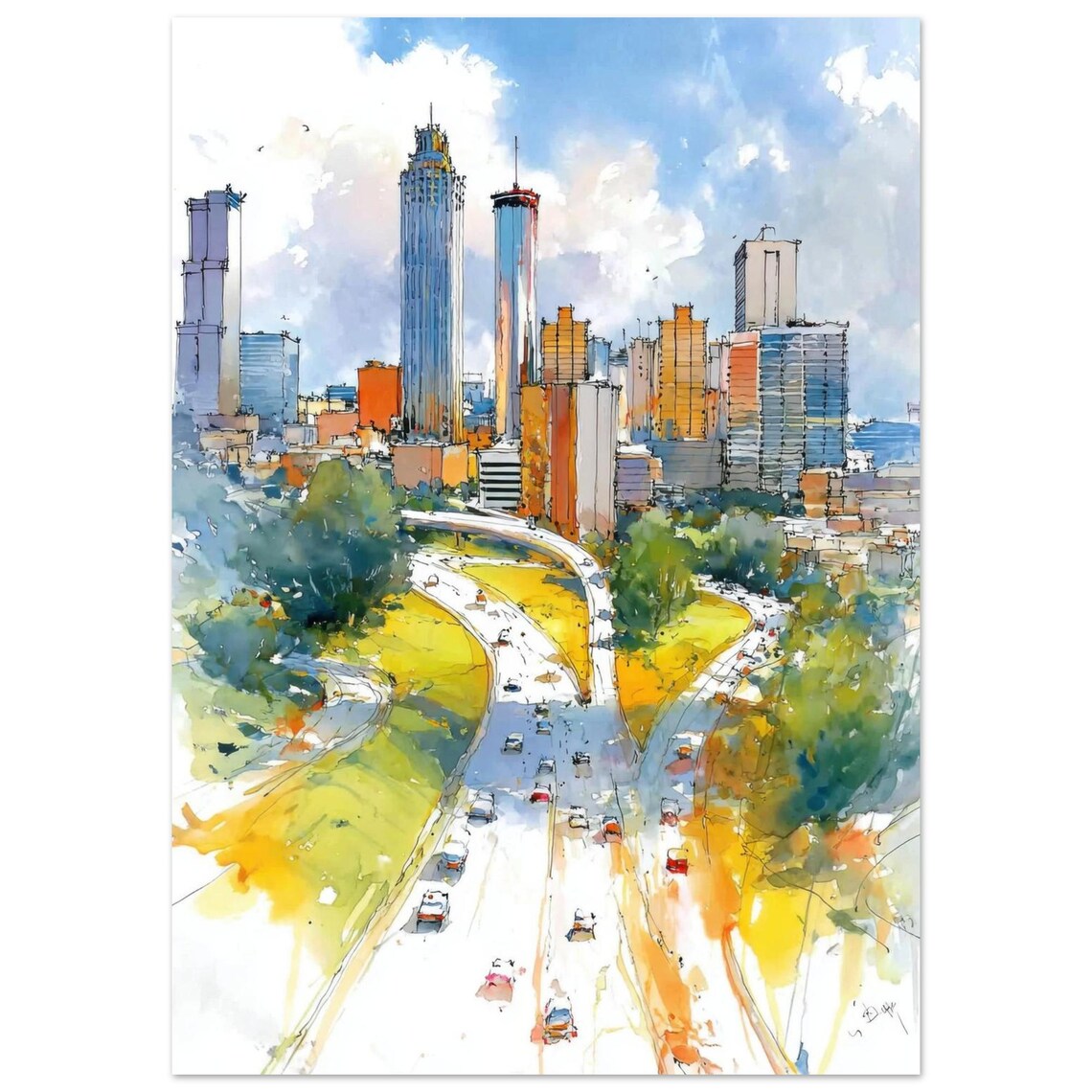 Atlanta Georgia Downtown Skyline Highway Watercolor City Poster