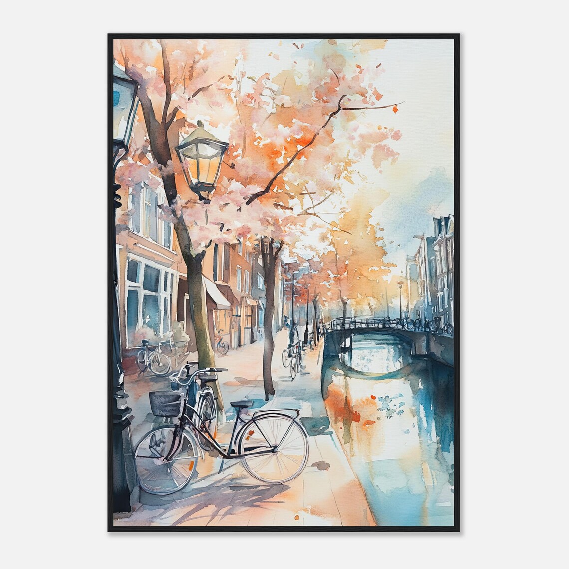 Amsterdam Canal Watercolor Bikes Bridge Blossom Trees Street View Poster