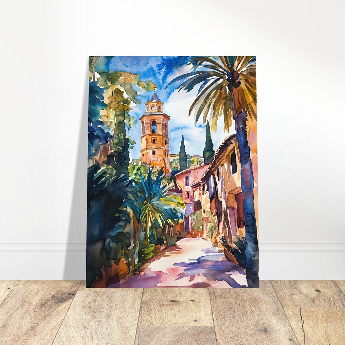 Malaga Spain Church Tower Watercolor Sunlit Palm Street Art Poster - Image 2