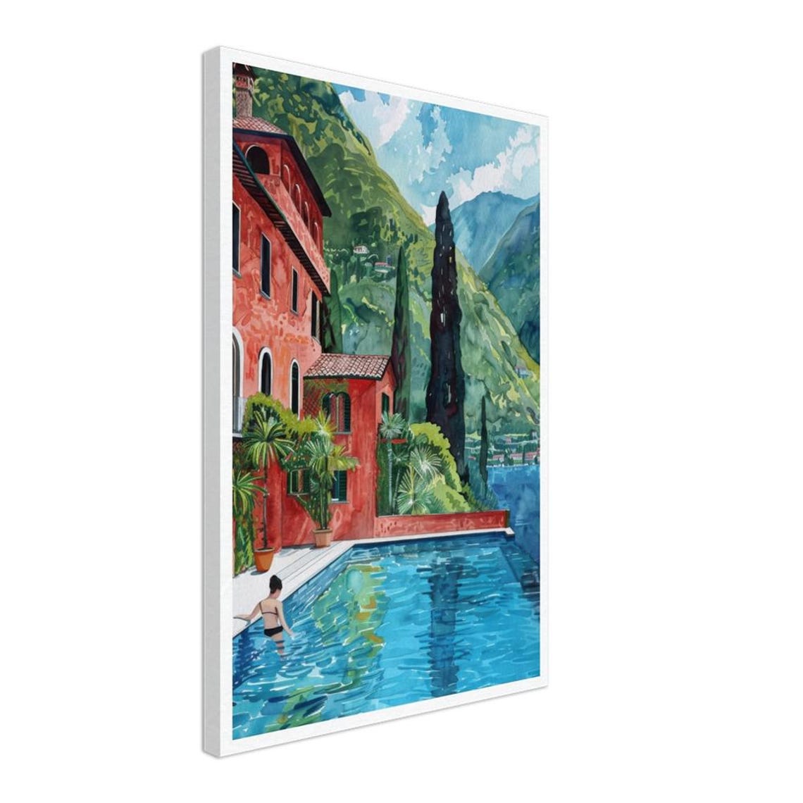 Lake Como Red Villa Pool Watercolor Italian Lakeside Art Print - Image 2