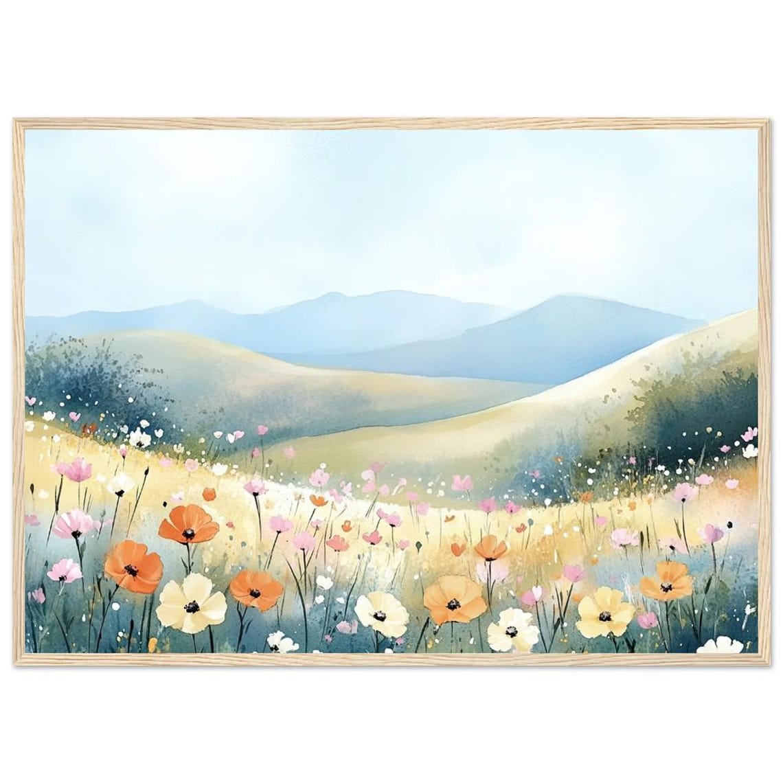 Wildflower Meadow Watercolor Poster With Rolling Hills In Spring