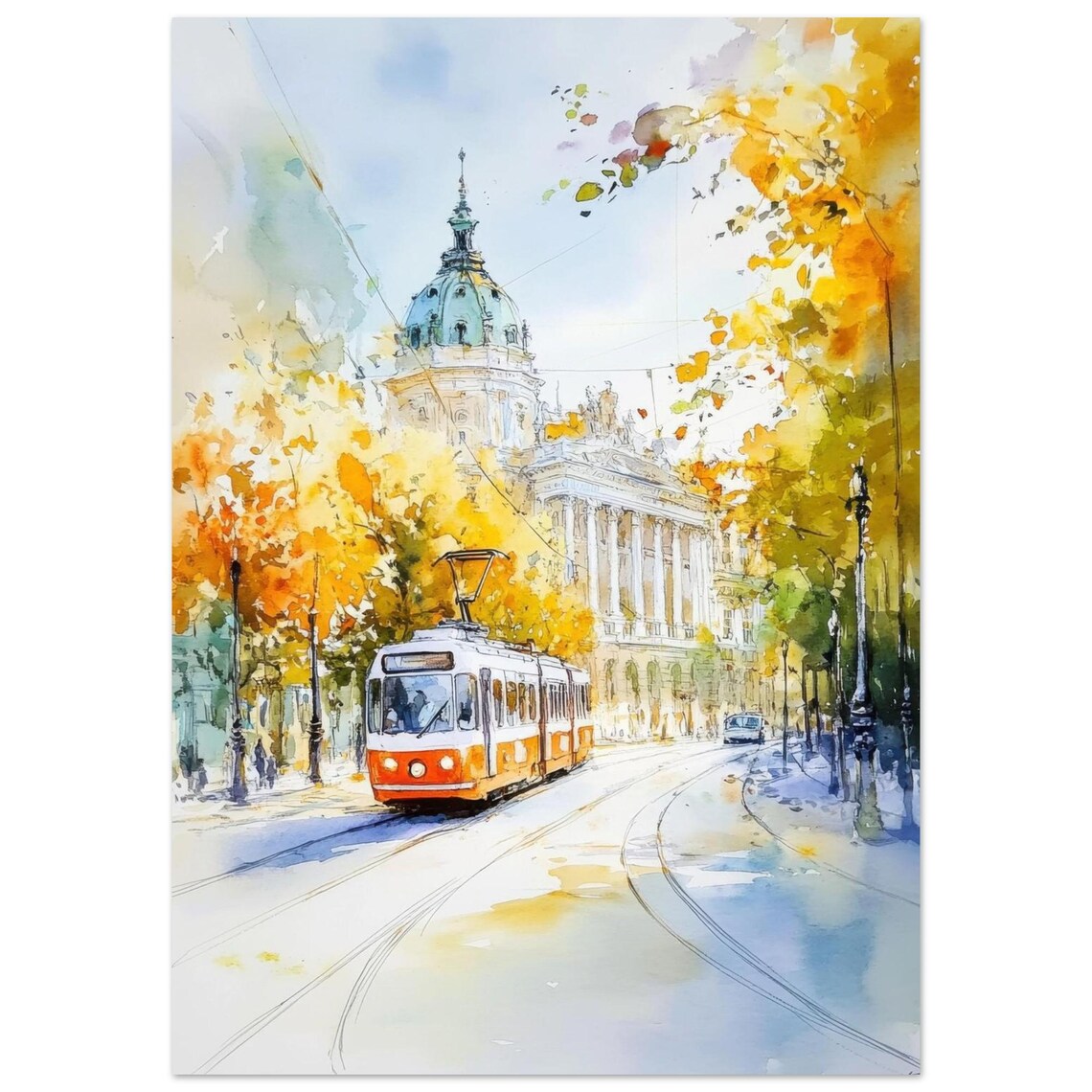 Vienna Tram Watercolor Travel Poster, Austria City Art