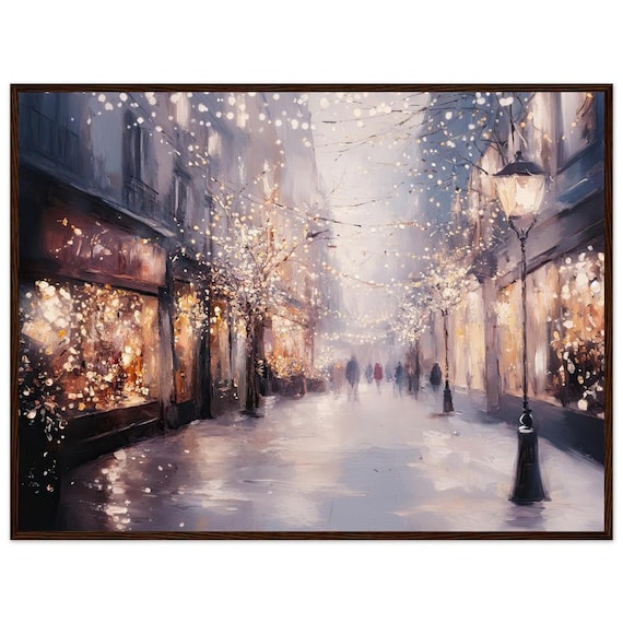Paris Winter Street Lights Festive Night Cityscape Oil Poster