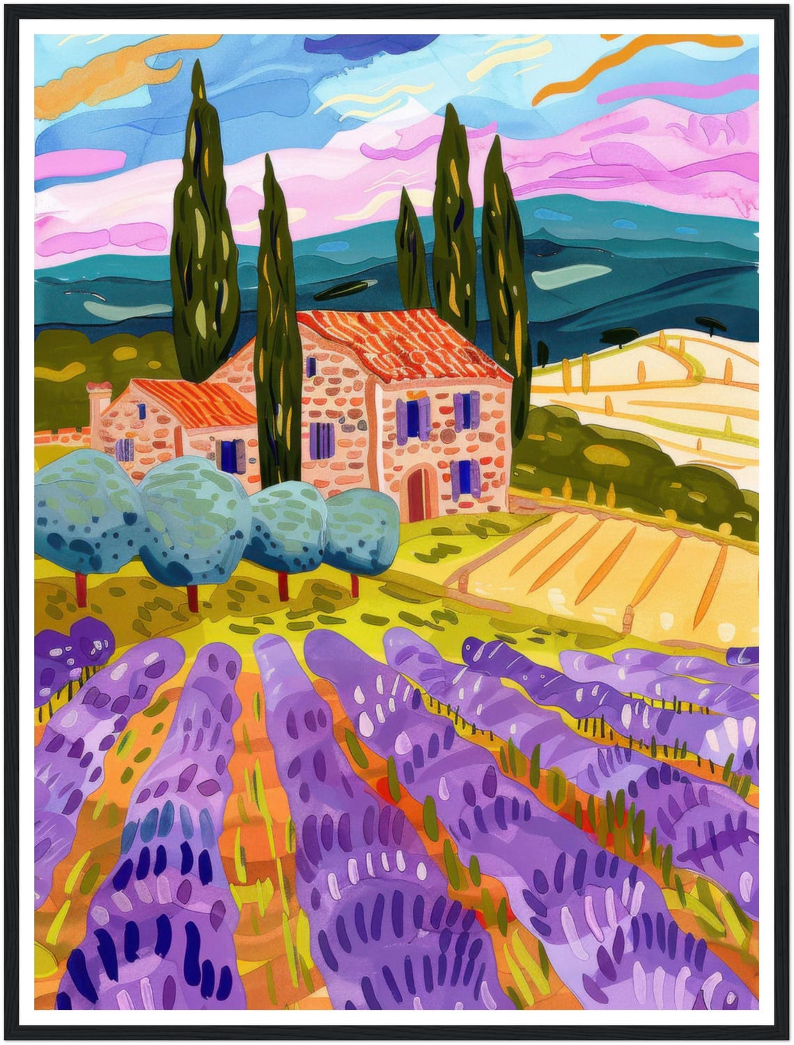 Stone Farmhouse Lavender Field Cypress Trees Sunset Art Poster - Image 3