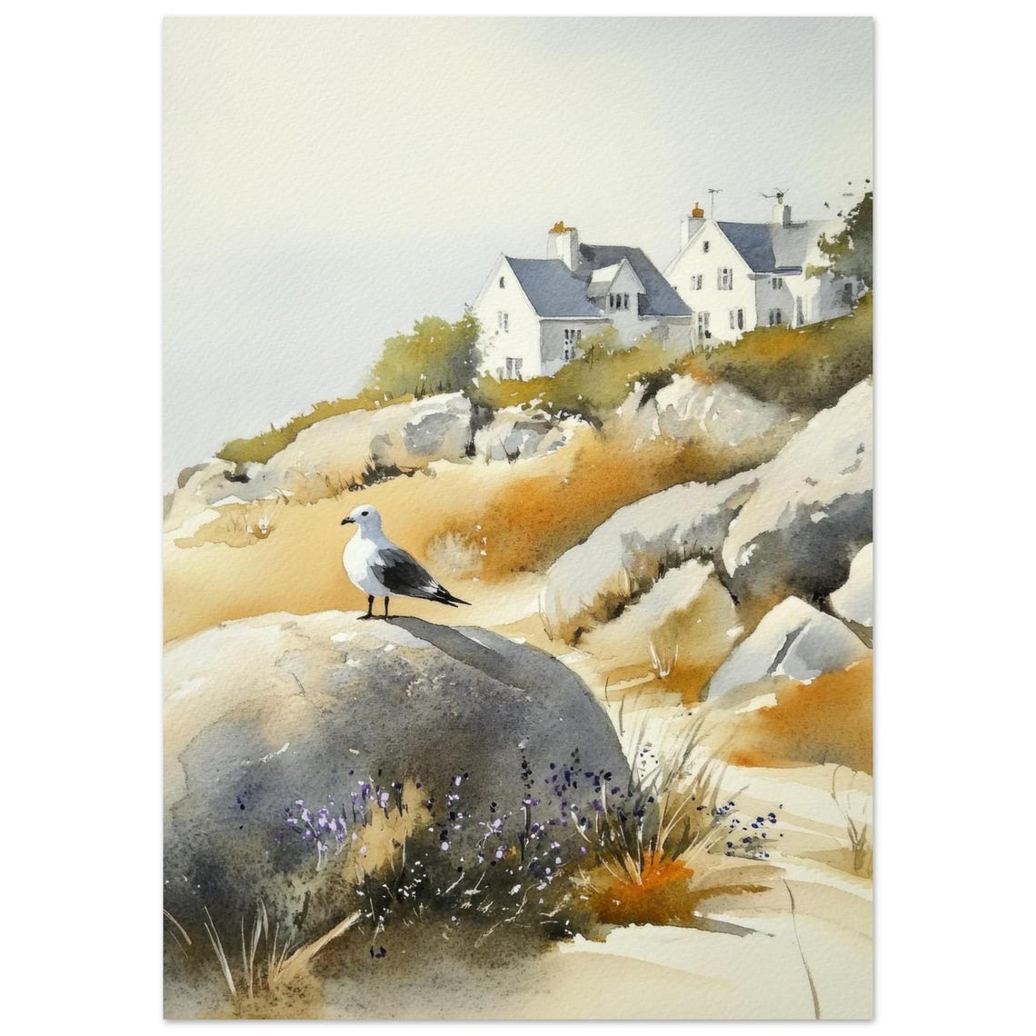 Brittany France Rocky Coast Watercolor With Seagull Perched Poster