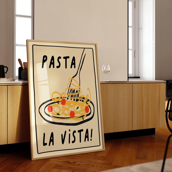 Pasta La Vista Hand Drawn Spaghetti Fork Bowl Funny Italian Kitchen Poster