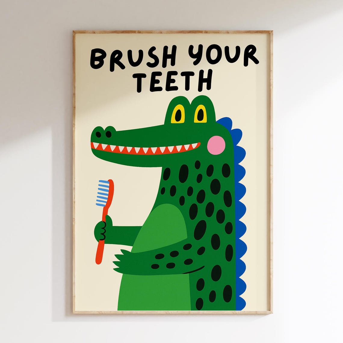 Brush Your Teeth Smiling Green Crocodile Funny Kids Bathroom Poster