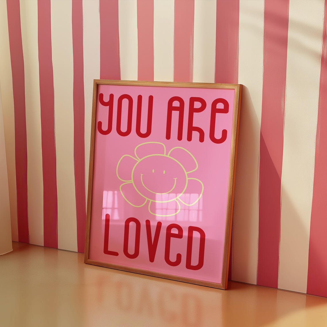You Are Loved Smiley Flower Red Retro Nursery Affirmation Wall Art
