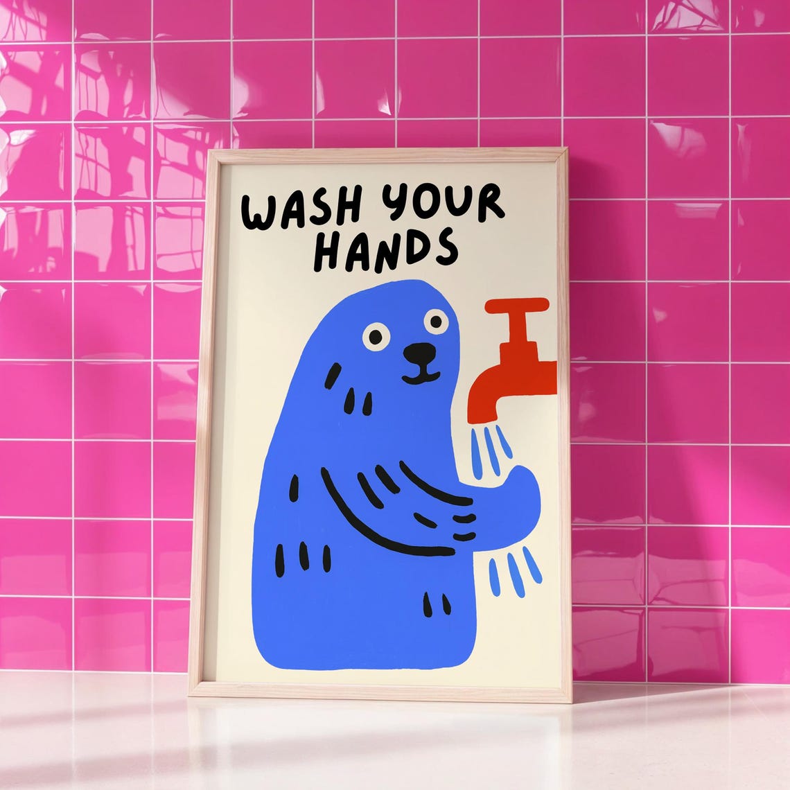 Wash Your Hands Friendly Blue Monster Funny Kids Bathroom Poster