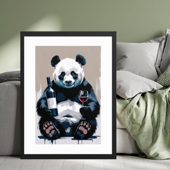 Funny Panda Wine Art Print Quirky Animal Bar Decor