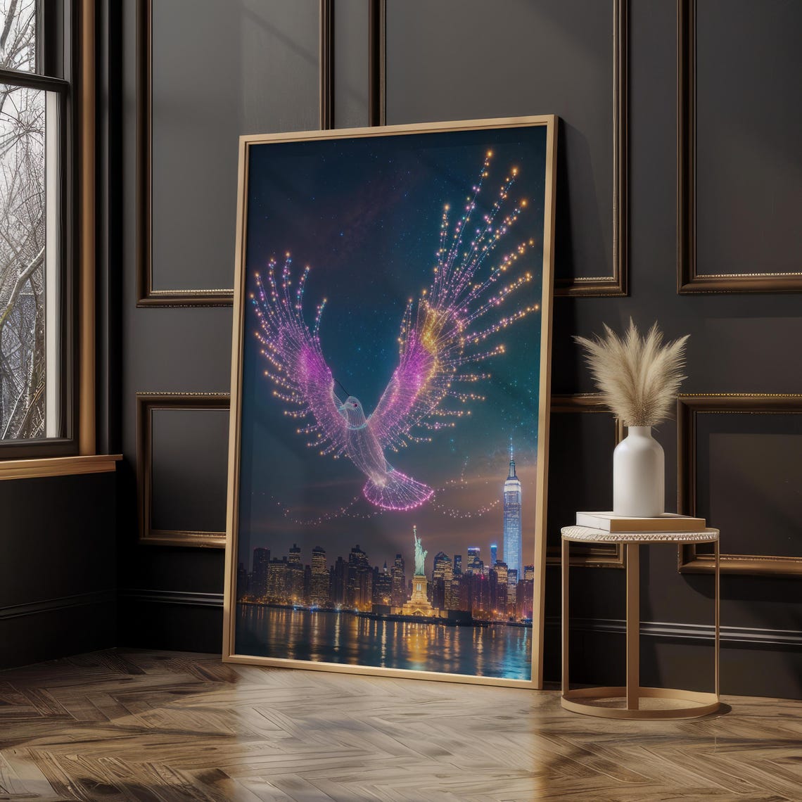 Hummingbird Drone Light Show Over NYC Night Skyline Magic Poster