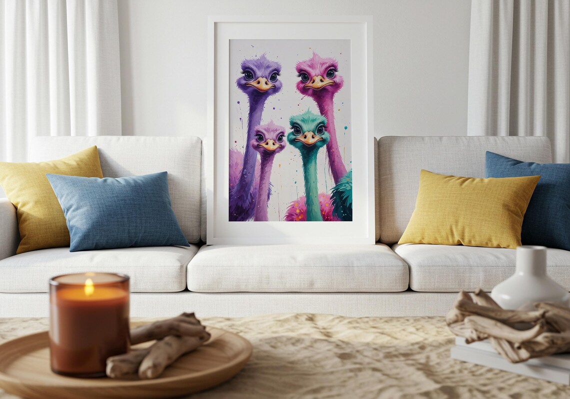 Four Colorful Ostriches Purple Pink Teal Funny Bird Group Poster