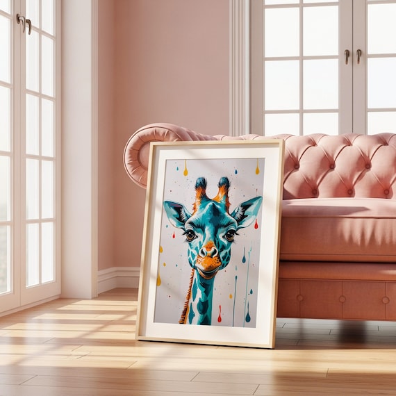 Teal Giraffe Art Print Whimsical Animal Decor Colourful Wall
