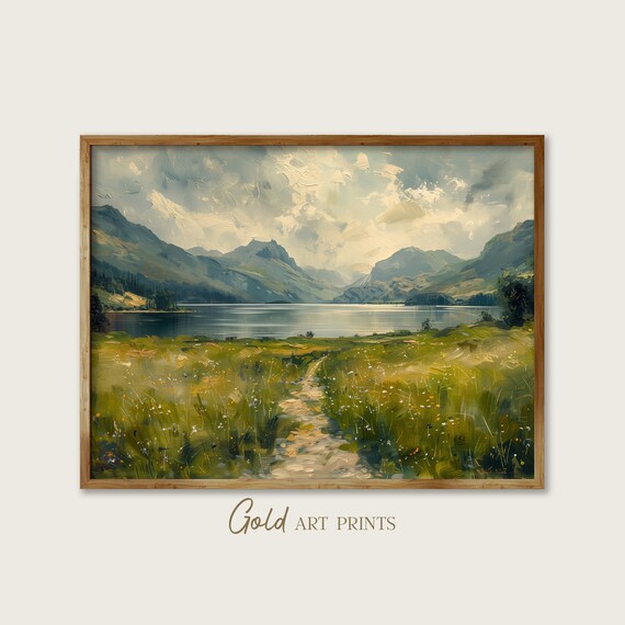 Mountain Lake Meadow Path Wildflower Field Impressionist Painting Poster