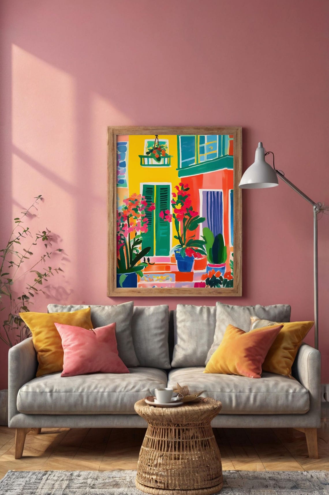 Vibrant Colorful Doorway with Flowering Plants Facade Art Poster - Image 3