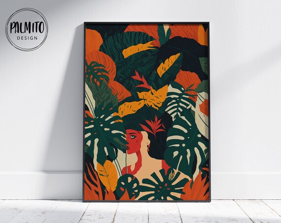 Colorful Wall Art Abstract Woman Wall Art Boho Wall Art Tropical Poster Art Jungle Girl Print Monstera Leaves Art