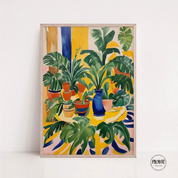Botanical Pianting Colorful Table With Potted Plants Wall Art Tropical Leaves Decor Art Vibrant Botanical Art