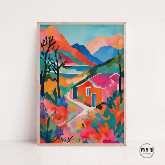 Vibrant Mountain Cabin Landscape Wall Art Bold Colorful Painting With Flowers And Plants