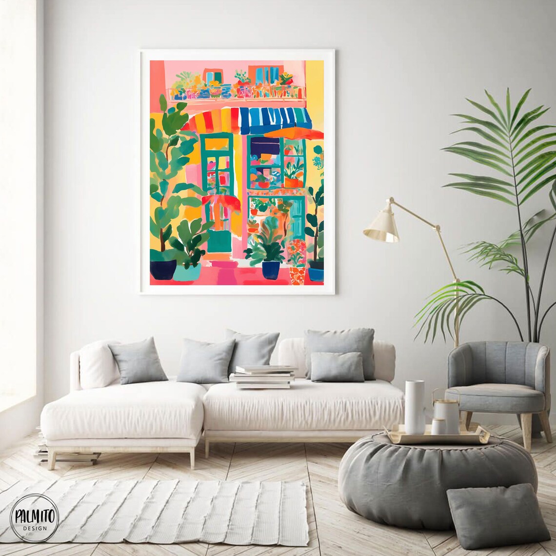 Colorful Plant Shop Storefront with Striped Awnings Art Poster - Image 4